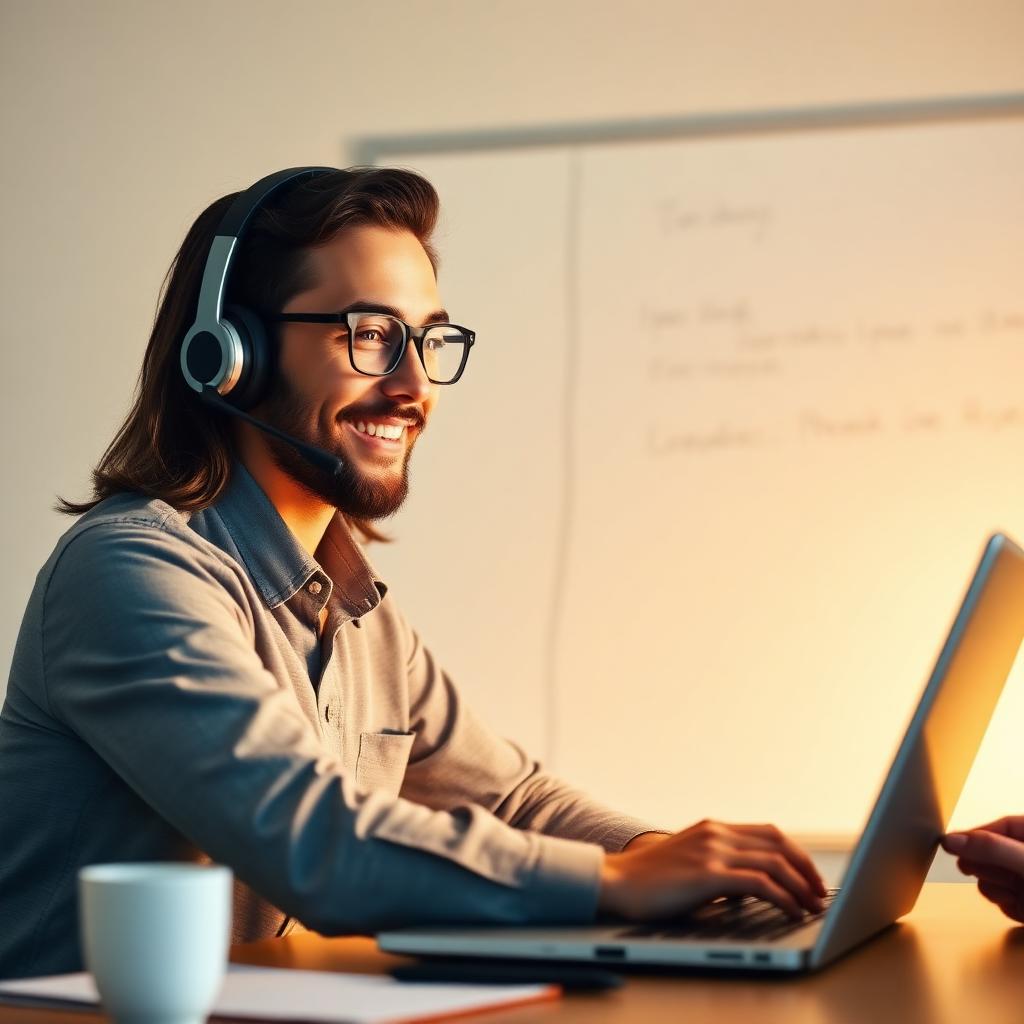 Online tutor teaching from a bright study